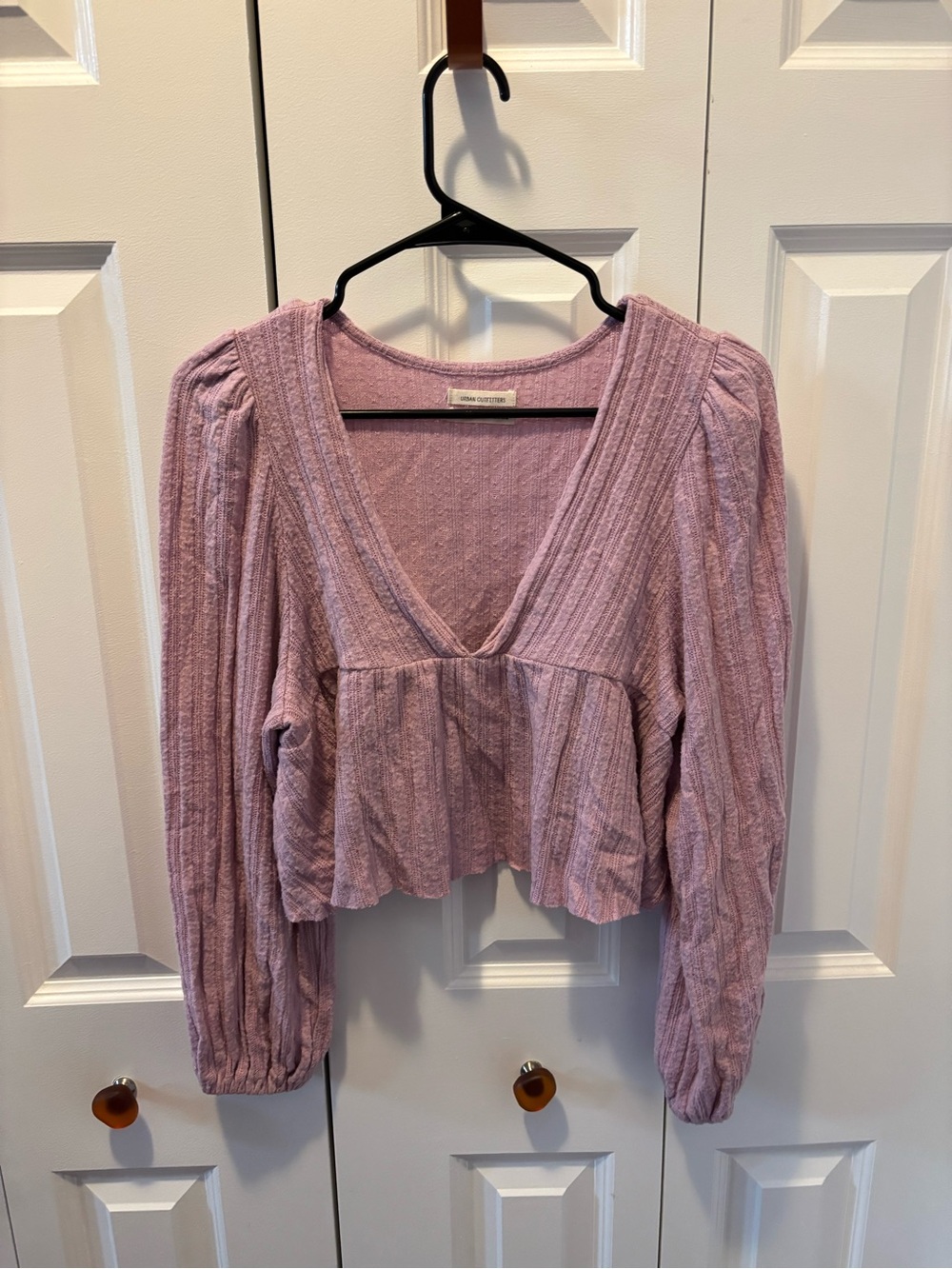 Urban Outfitters Dusty Pink Ribbed V-Neck Peplum Long Sleeve Top